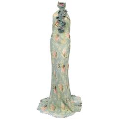 Ralph Lauren Collection Floral Print Silk Bias Cut Halter Dress With Ruffles