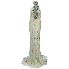 Ralph Lauren Collection Floral Print Silk Bias Cut Halter Dress With Ruffles 