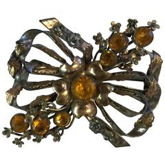 HOBE Sterling and Faux Topaz Figural Filigreed Bow Brooch Pin