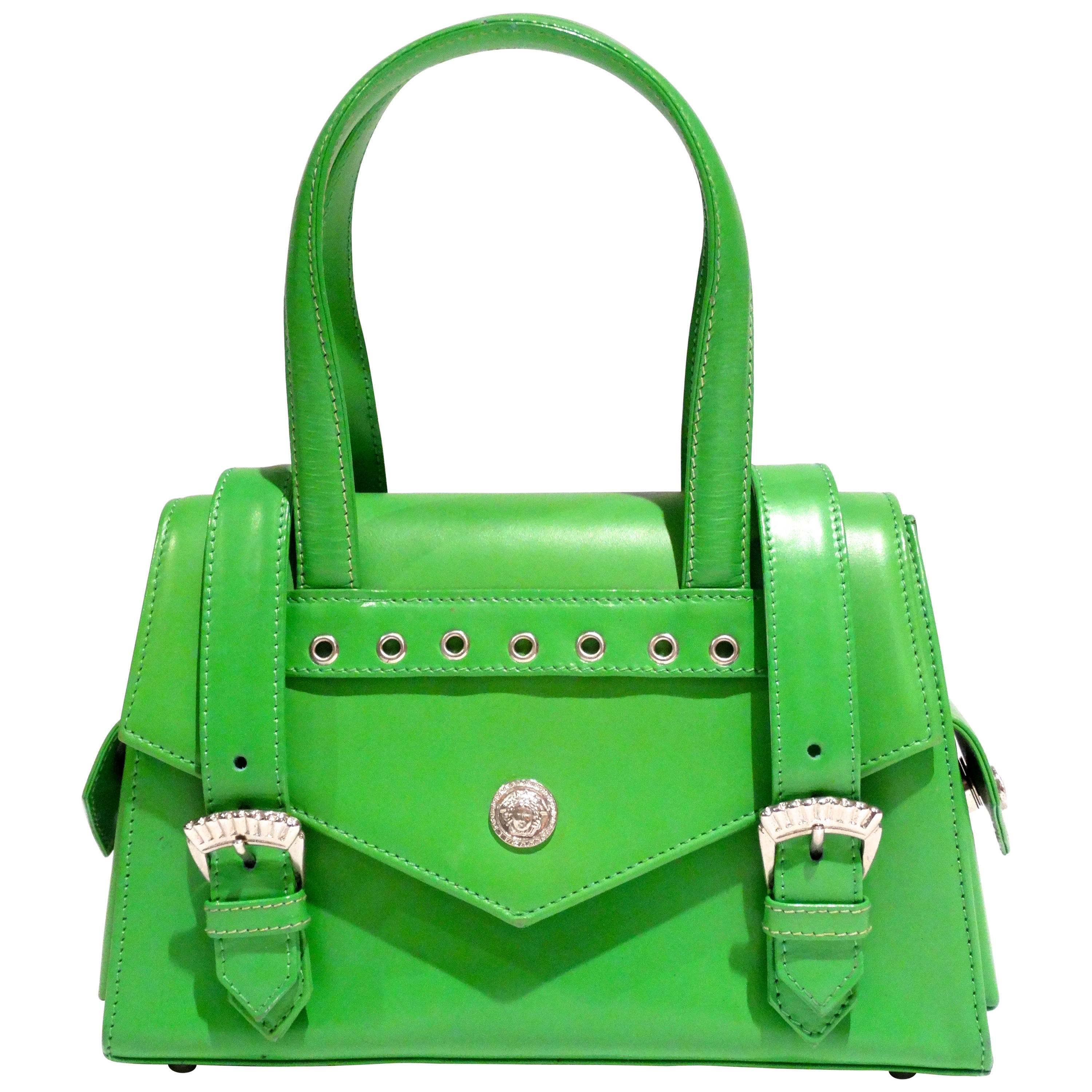 1990s Gianni Versace Green Top Handle Handbag 