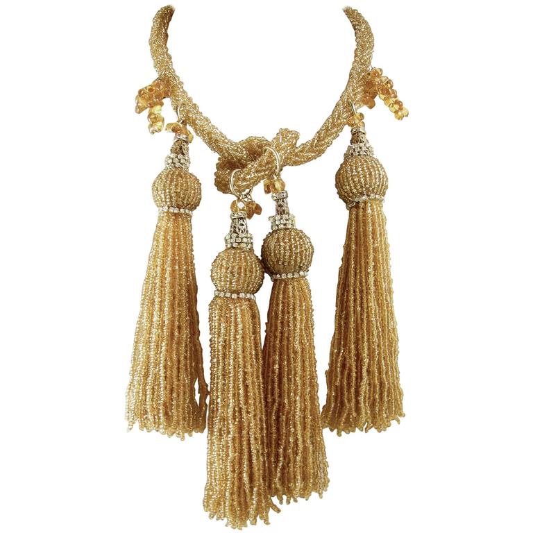 Anka Bugle Beaded Vintage Tassel Necklace For Sale at 1stDibs bugle