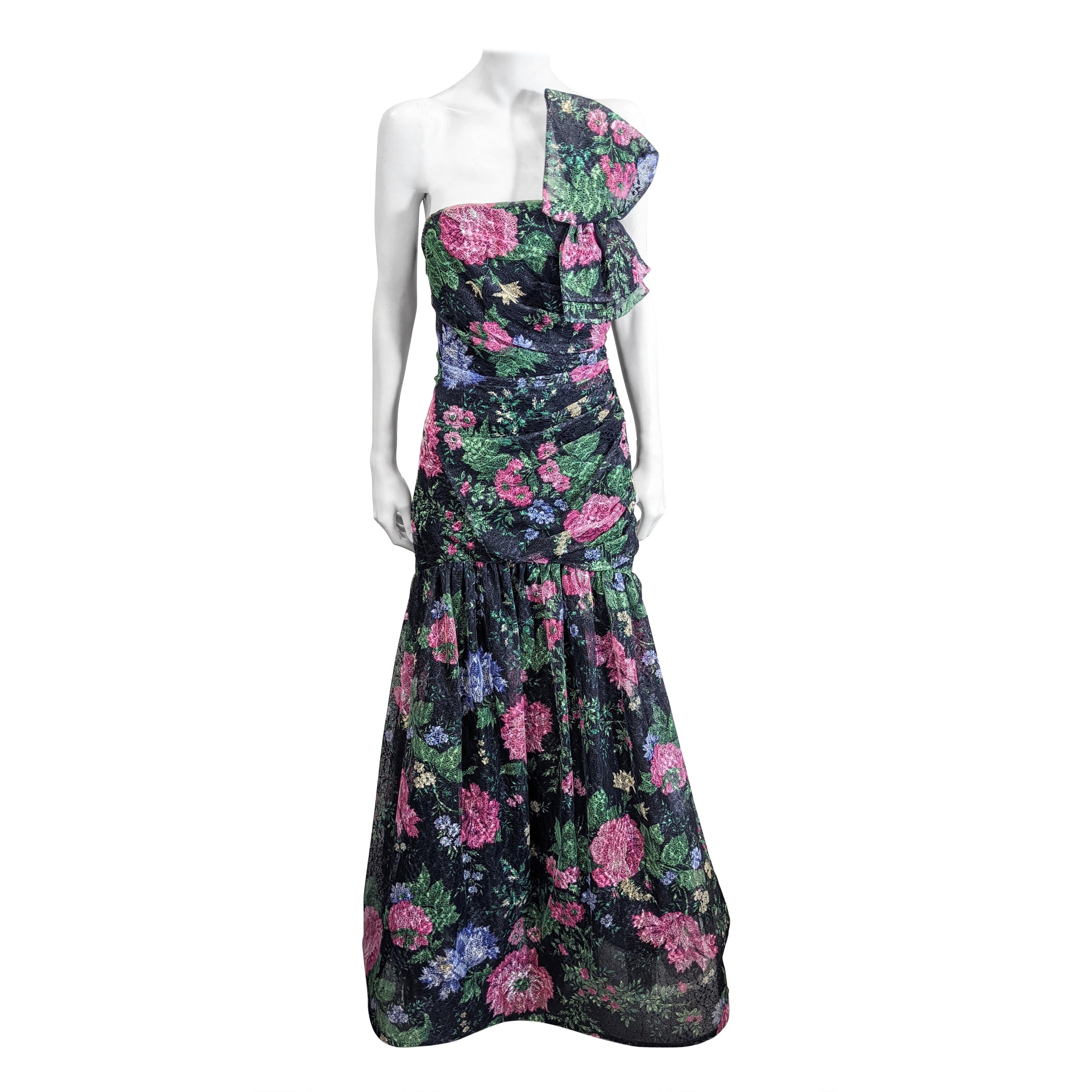  Arnold Scassi Ruched Strapless Floral Net Gown For Sale