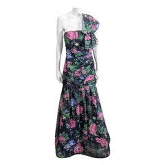 Vintage  Arnold Scassi Ruched Strapless Floral Net Gown