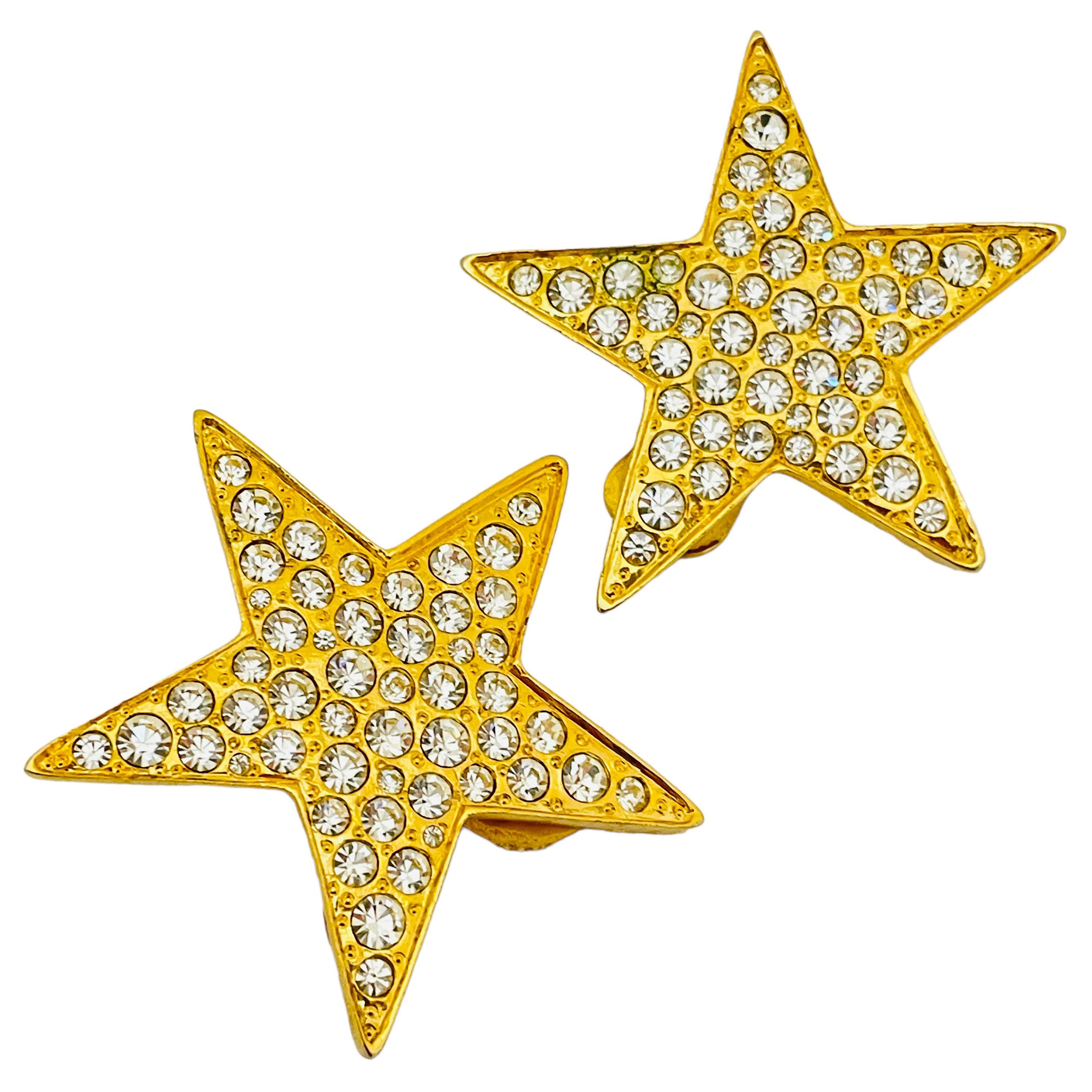 Vintage gold rhinestone star designer runway clip on earrings For Sale
