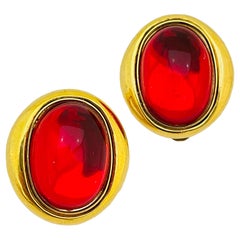 Vintage gold red glass designer runway clip on earrings