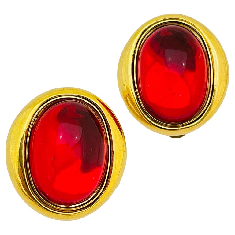 Vintage gold red glass designer runway clip on earrings For Sale at 1stDibs