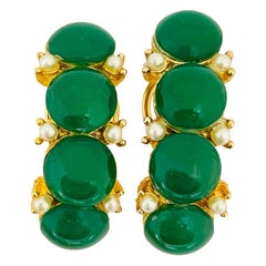 Vintage BSK gold glass jade pearl designer clip on earrings