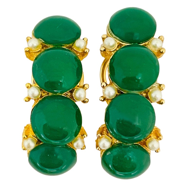 Vintage BSK gold glass jade pearl designer clip on earrings For Sale at