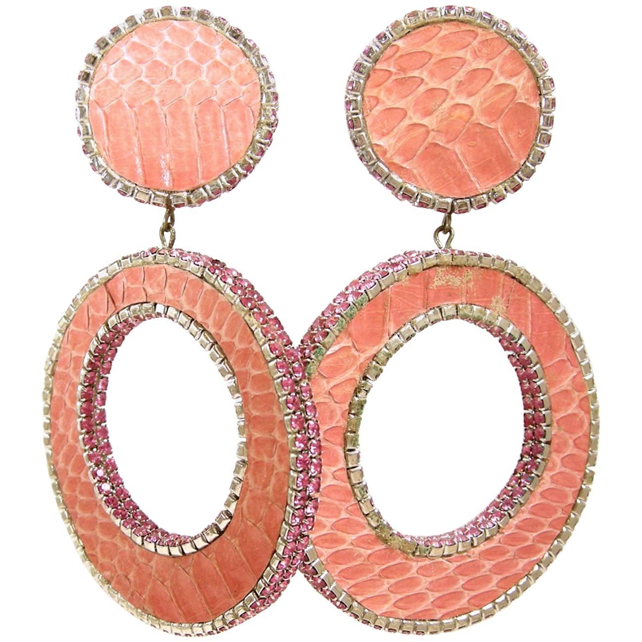 Vintage 1970s Large Pink Faux Snake & Rhinestone Dangling Earrings