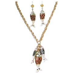 Vintage 1980s Enamel Fish Necklace Set