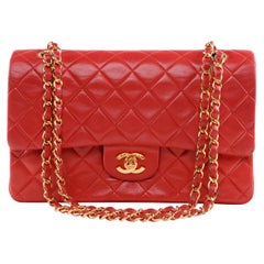 Vintage Chanel Classic Medium Red Quilted Lambskin Leather Full-Set