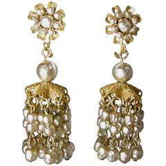 Vintage 1950s Miriam Haskell Seed Pearls Chandeliers Earrings