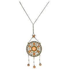 Vintage Czech Sterling Filigree Coral Pendant Necklace