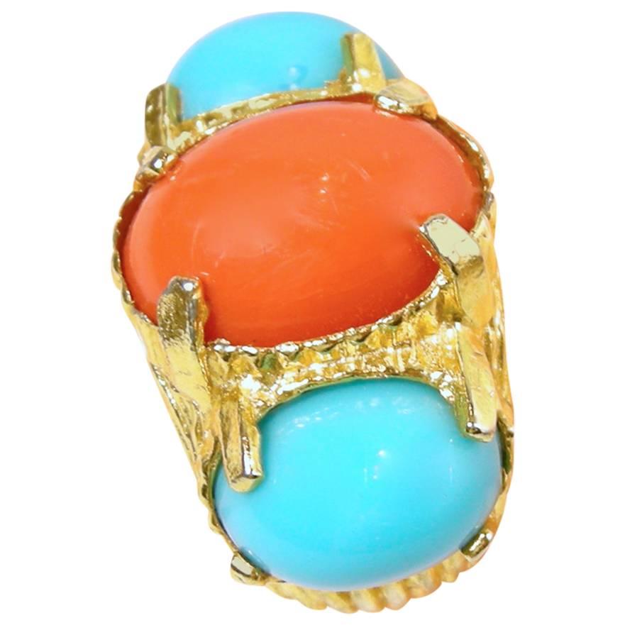Faux Turquoise Coral Vintage Cocktail Ring, 1980s  For Sale