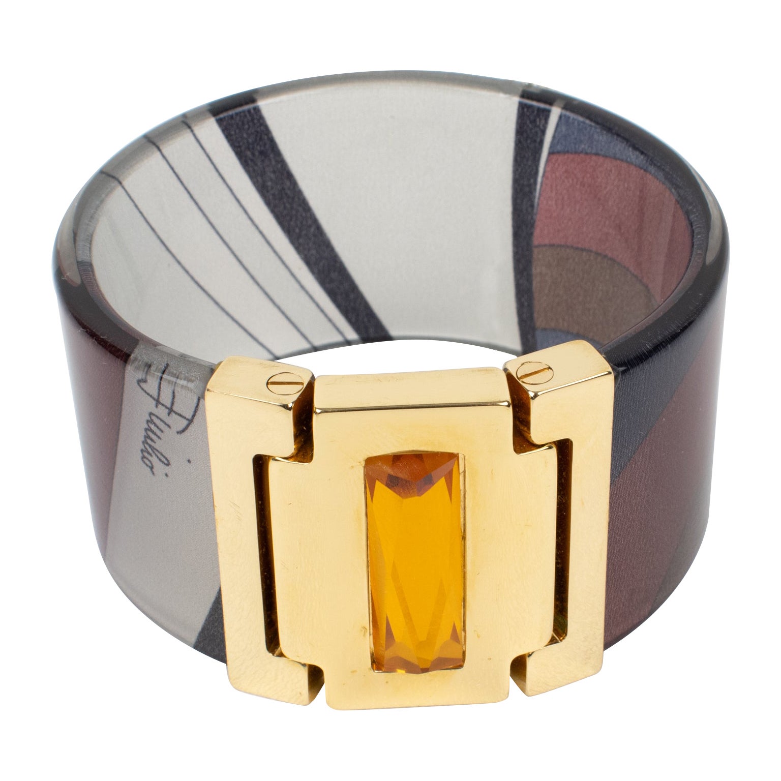 Emilio Pucci Jeweled Bracelet Bangle Lucite with Purple and Gray Silk Inclusion For Sale