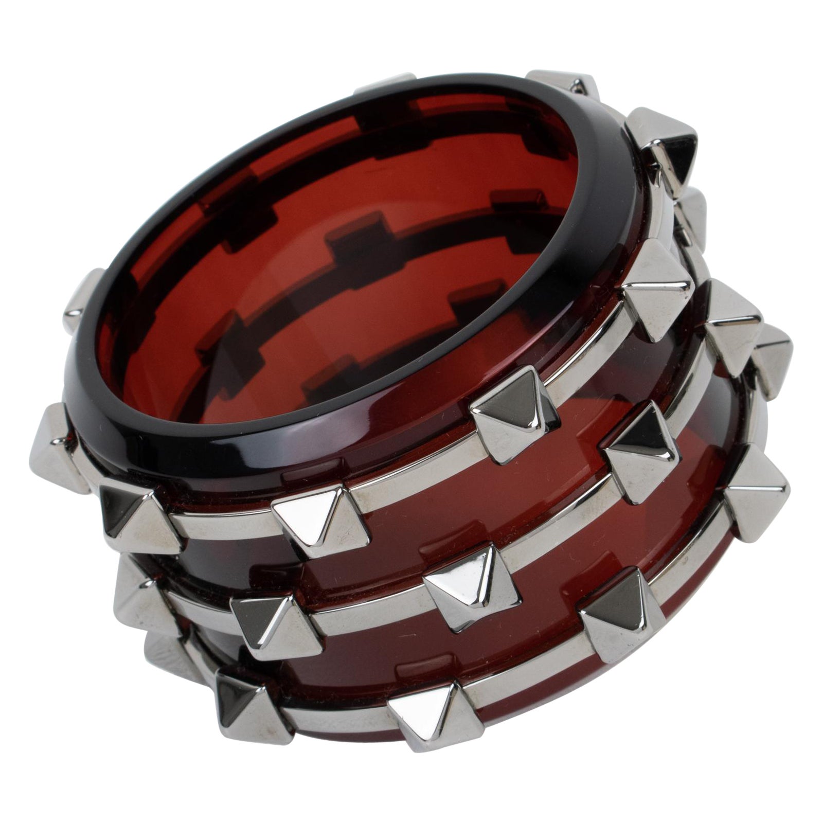 Burberry Red Acrylic and Chrome Massive Studded Bangle Bracelet in Box For Sale