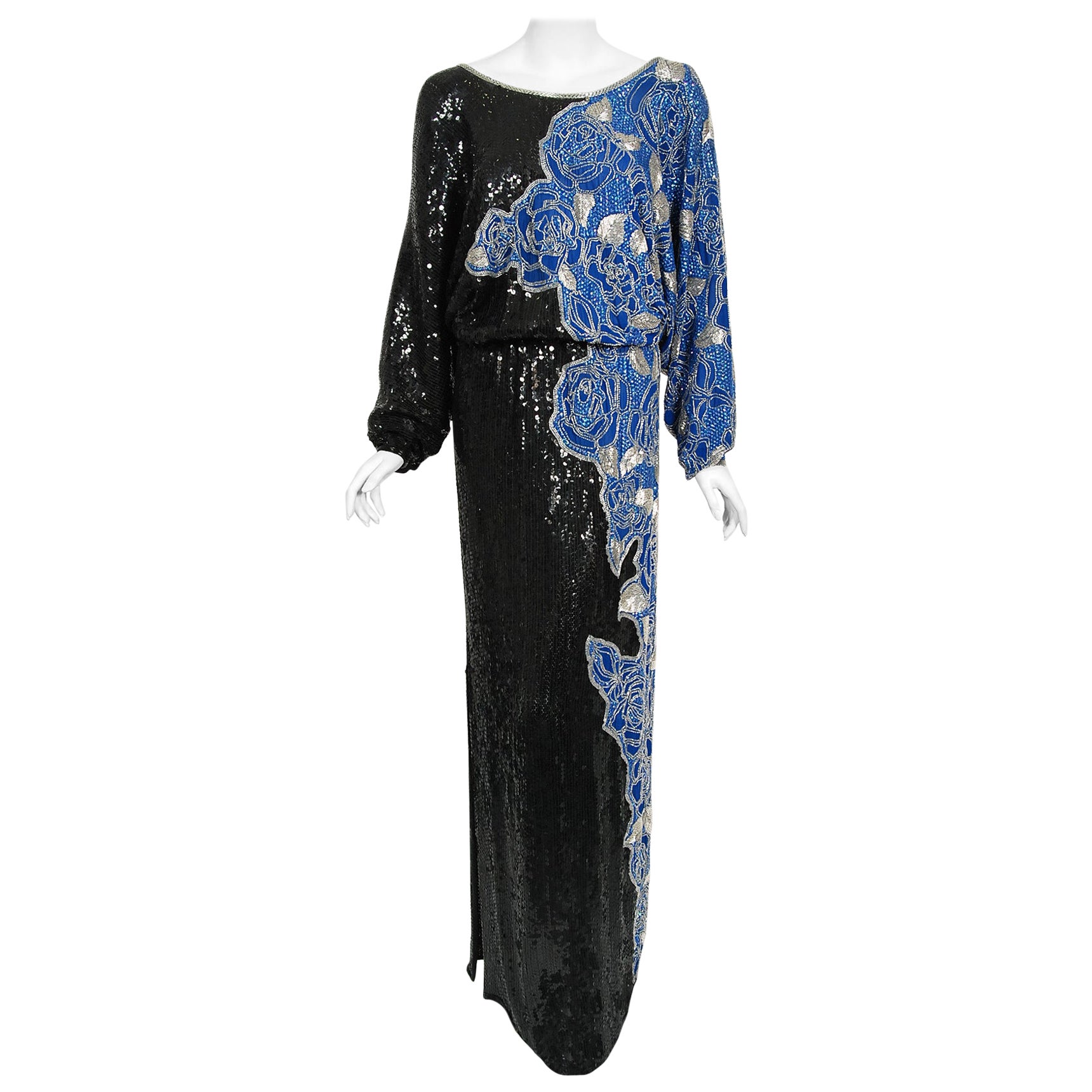 Vintage 1970s Halston Couture Beaded Sequin Black & Blue Silk Dolman-Sleeve Gown