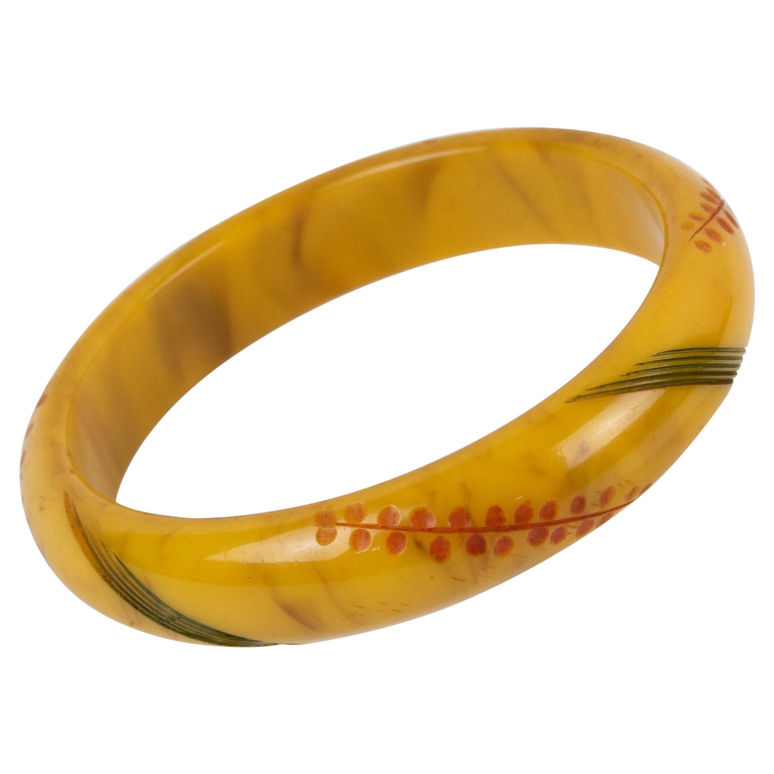 Bakelite Bracelet Bangle Banana Brown with Carving For Sale