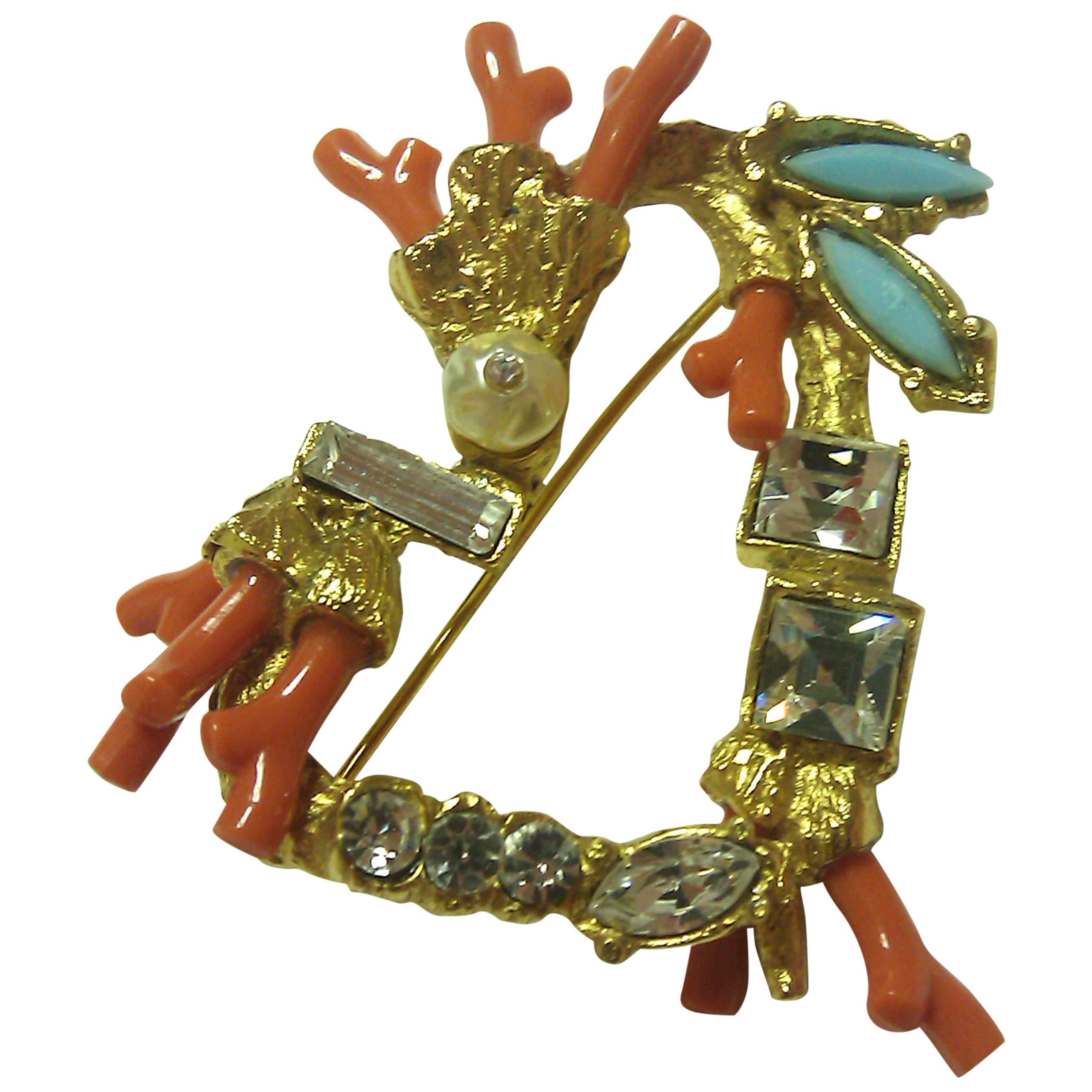 1990s Christian LACROIX Coral Turquoise and Rhinestone Heart Pin Brooch For Sale