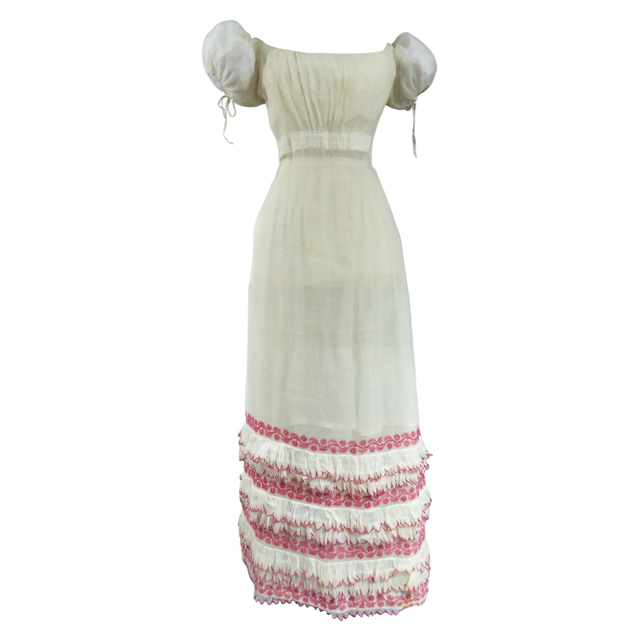 A Regency Cotton Voile Day Embroidered Summer Dress -France Circa 1815/1820 For Sale