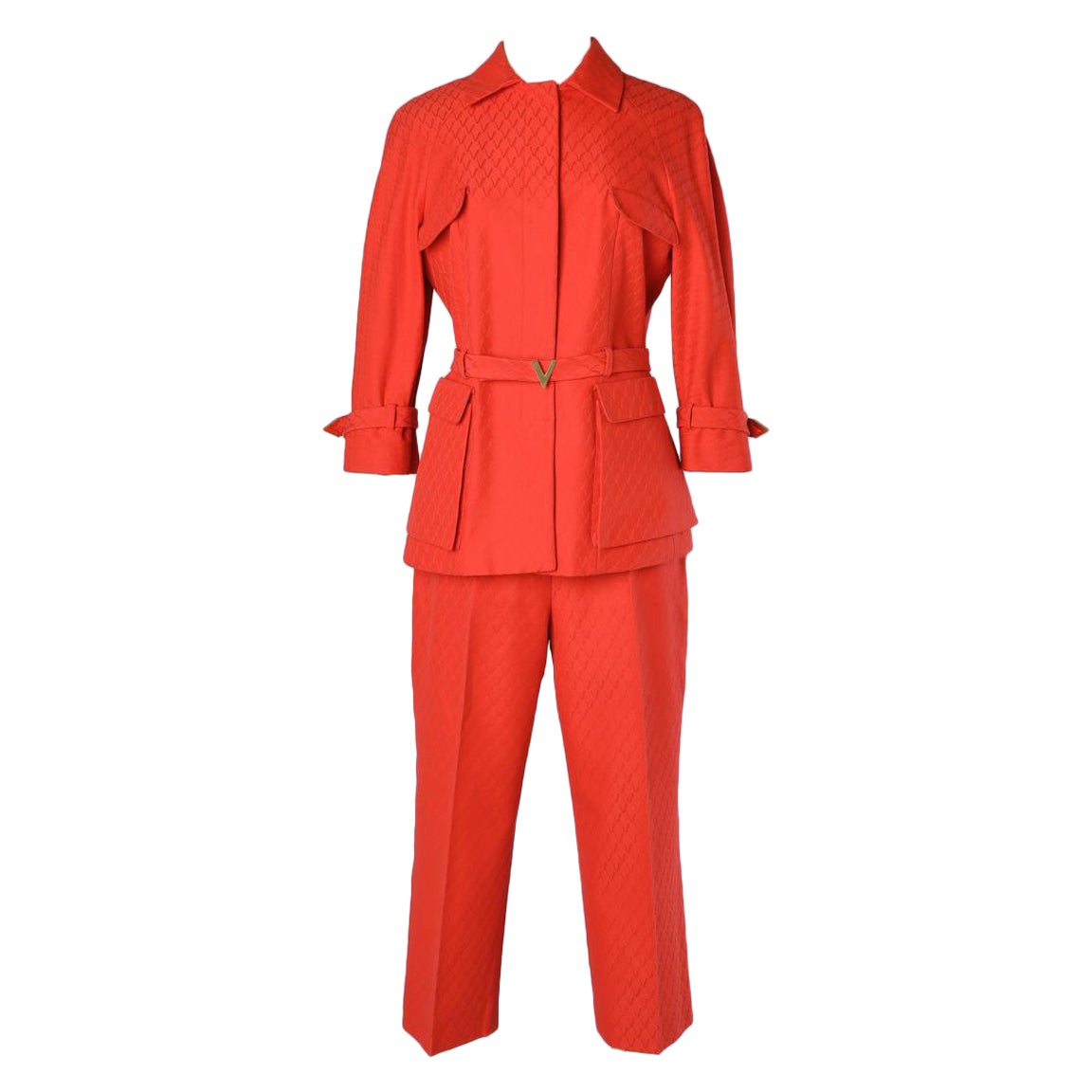 Red cotton jacquard trouser- suit  with belt Valentino Roma  For Sale