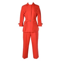 Red cotton jacquard trouser- suit  with belt Valentino Roma 