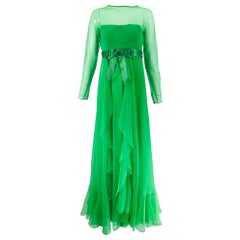 Vintage Palm Beach Green Sheer Chiffon Ruffle Skirt Maxi Dress 1970s