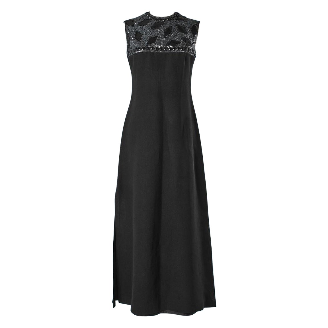 Circa 1960's black crêpe evening dress with embroidered bust HEKO  For Sale