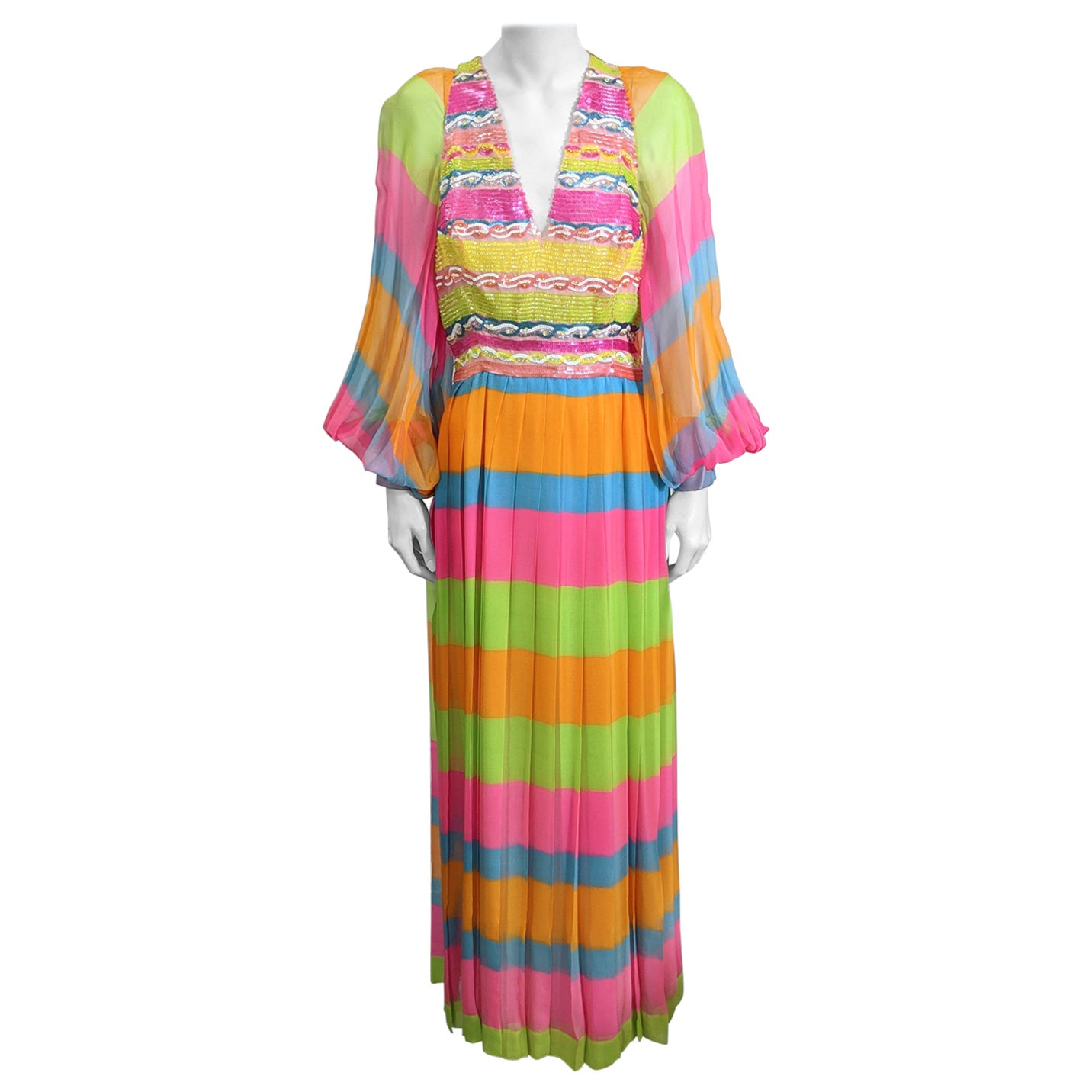 Technicolorfarbenes Kleid aus Seide, Chiffon und Pailletten im Angebot