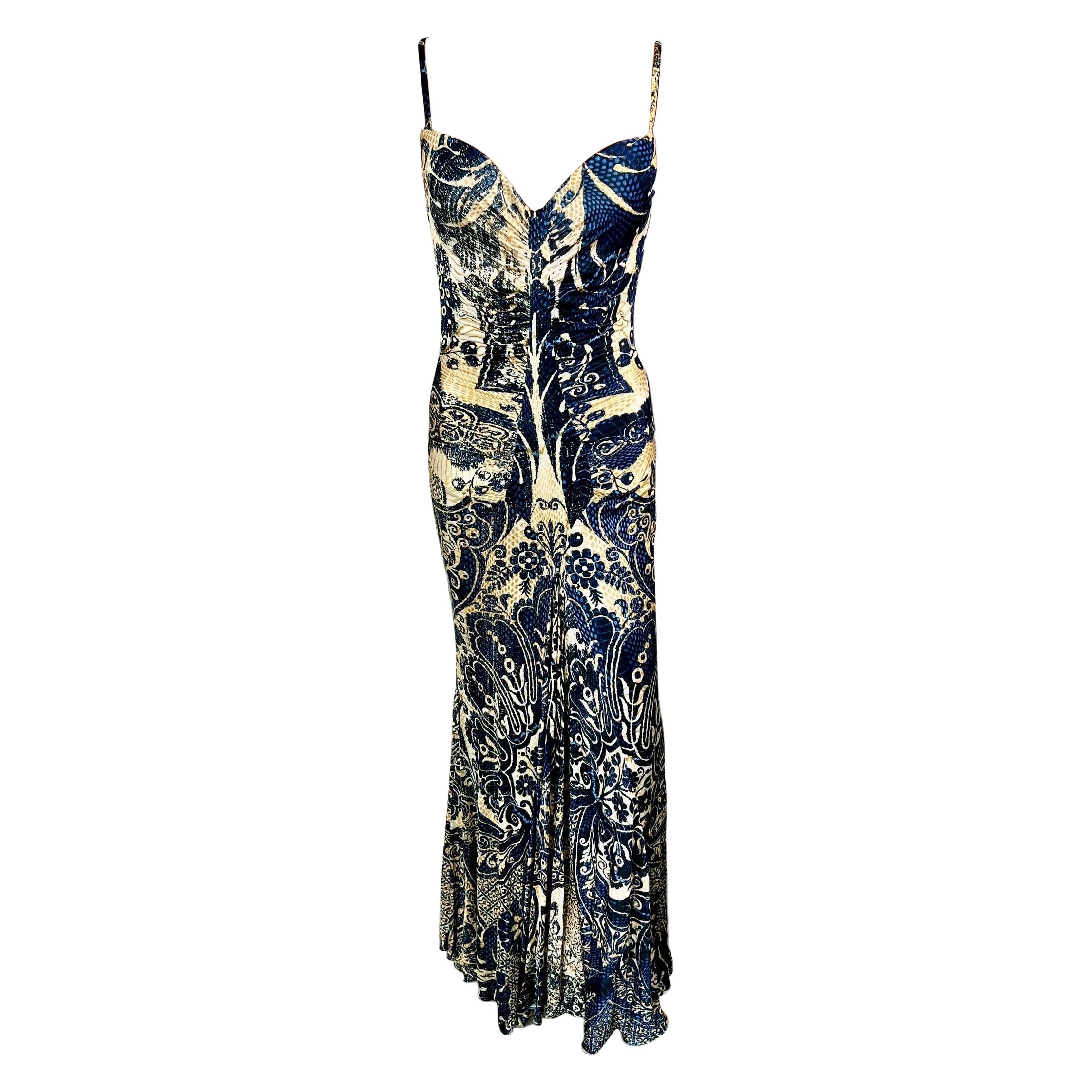 Roberto Cavalli c.2005 Bustier Bra Abstract Print Maxi Evening Dress Gown For Sale