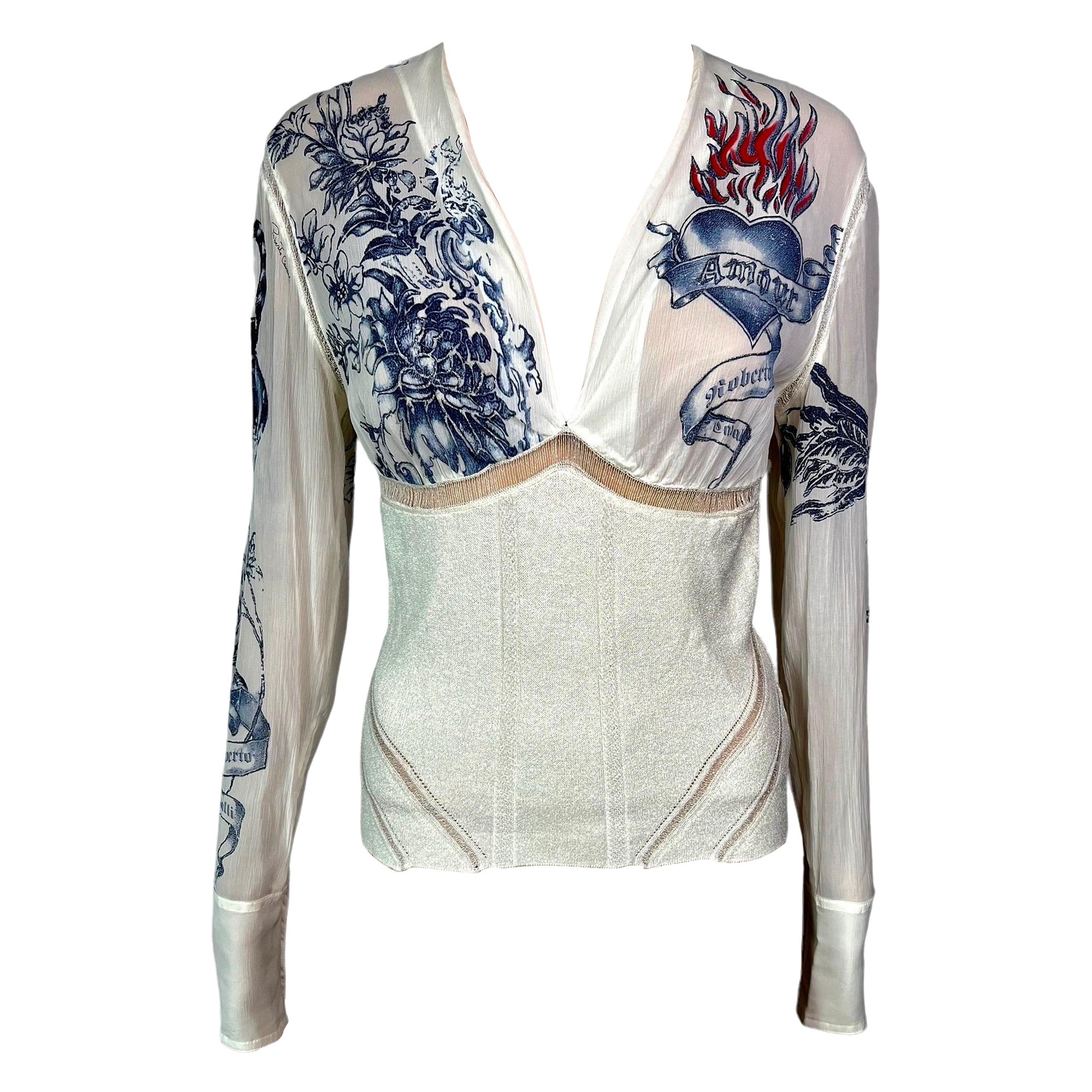Roberto Cavalli S/S 2003 Tattoo Print Plunging Silk Knit Sheer Panels Blouse Top For Sale