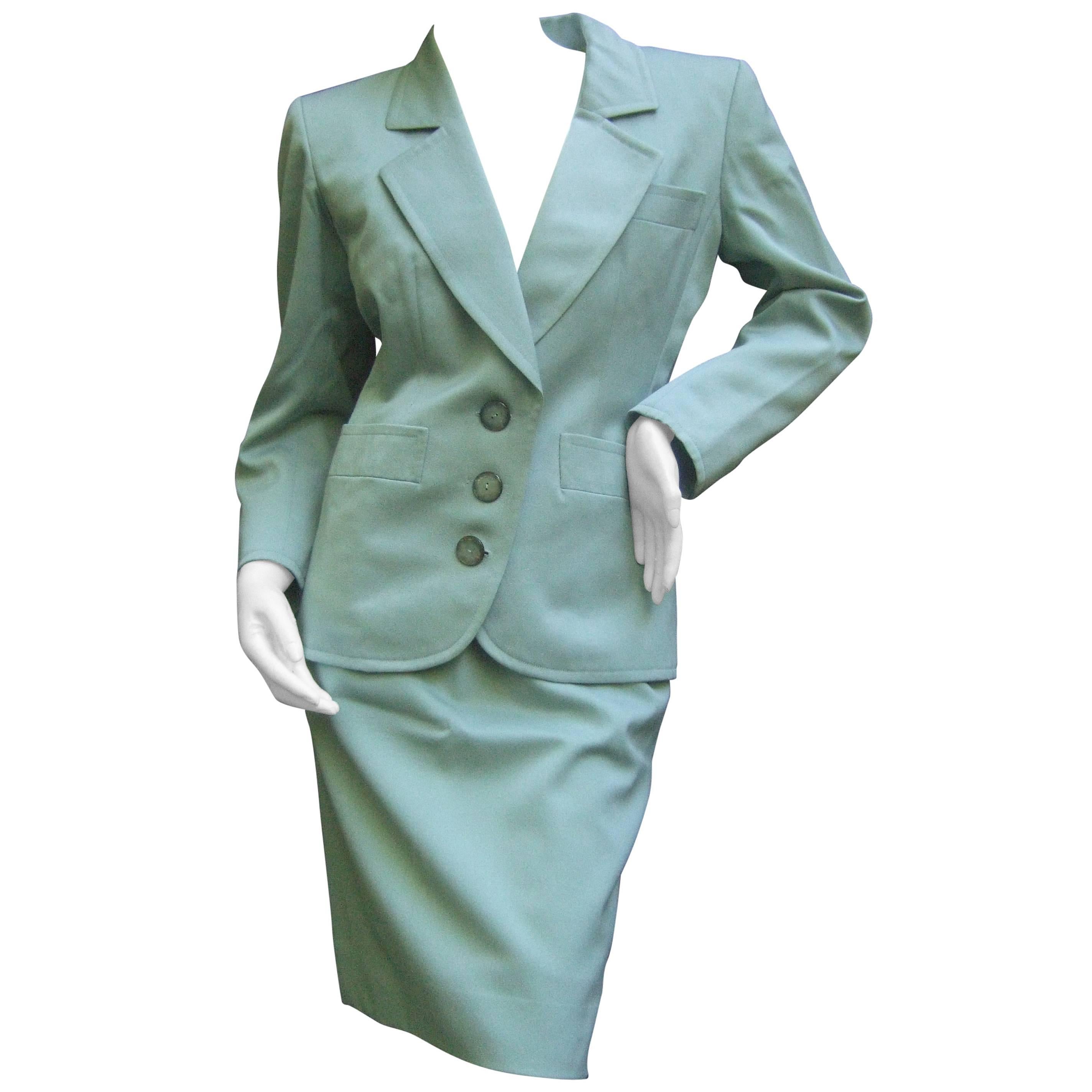 Yves Saint Laurent Couture Sage Green Suit. 1980's Power Dressing. For Sale