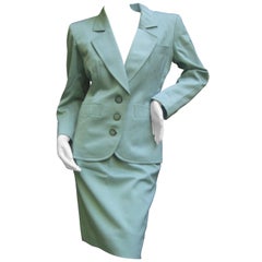 Retro Yves Saint Laurent Couture Sage Green Suit. 1980's Power Dressing.