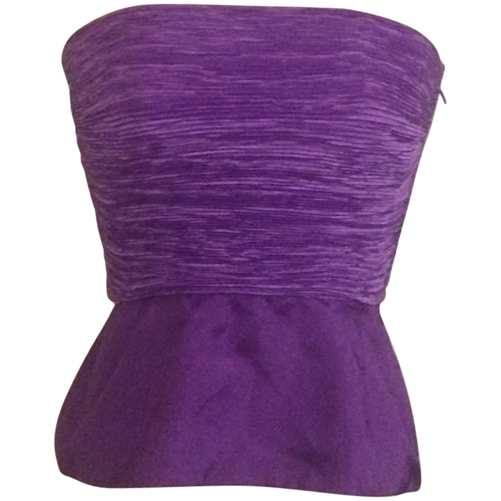 Top plissé sans bretelles violet, années 1990, Mary McFadden Saks Fifth Avenue en vente