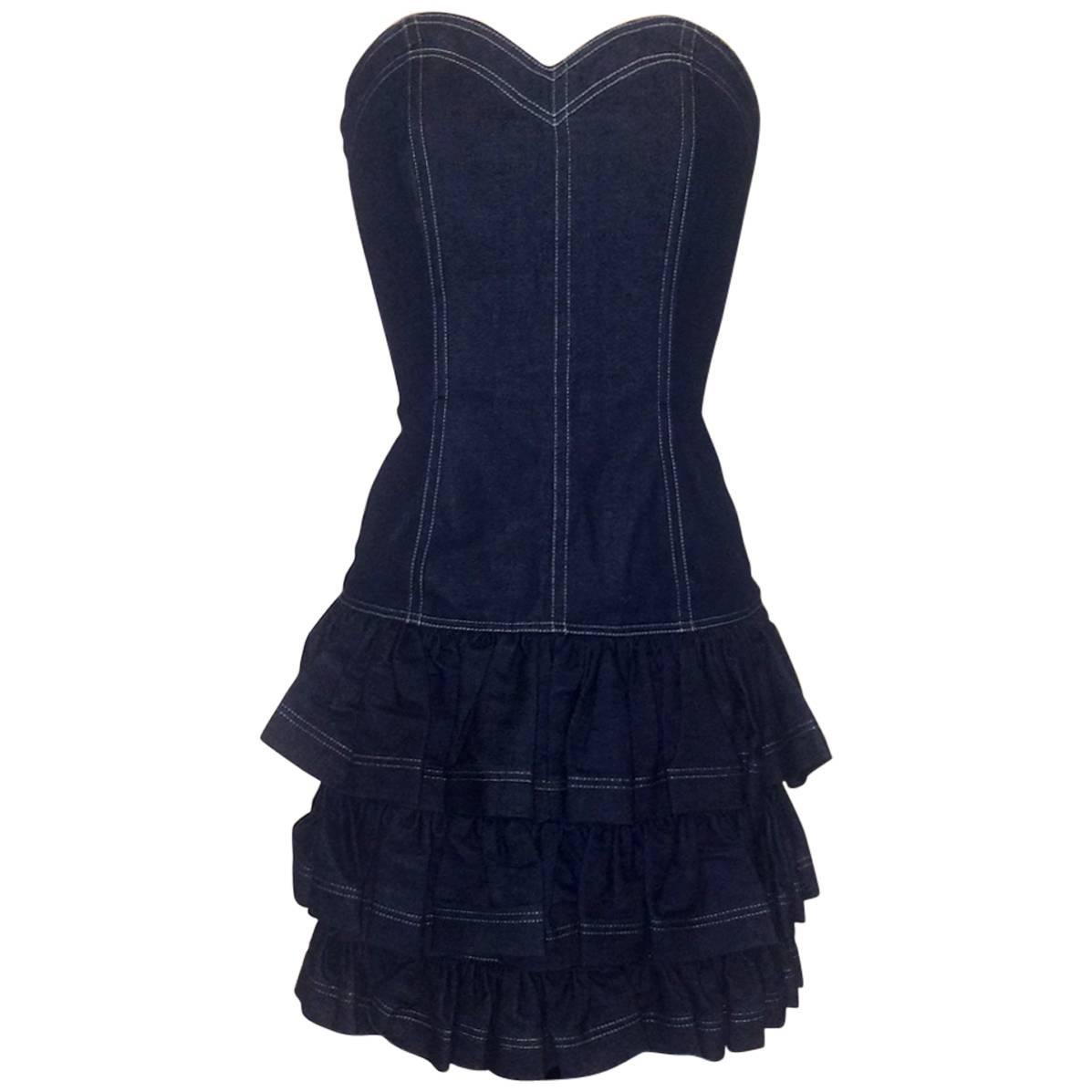 Patrick Kelly Dark Blue Denim Strapless Tiered Ruffle Skirt Sun Dress, 1980s 