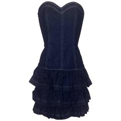 Patrick Kelly Dark Blue Denim Strapless Tiered Ruffle Skirt Sun Dress, 1980s 