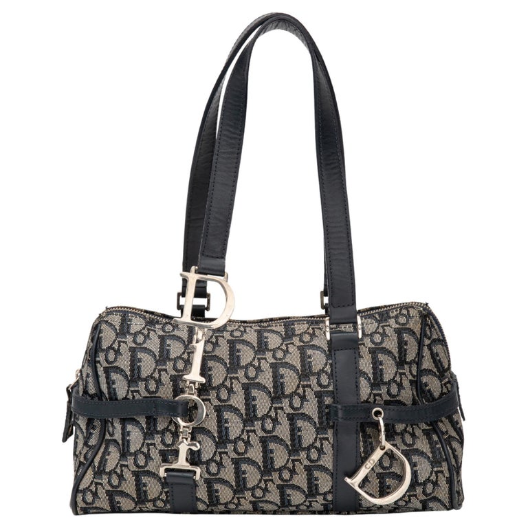 Dior Vintage Navy Oblique Trotter Logo Charms Boston Shoulder Bag (2003
