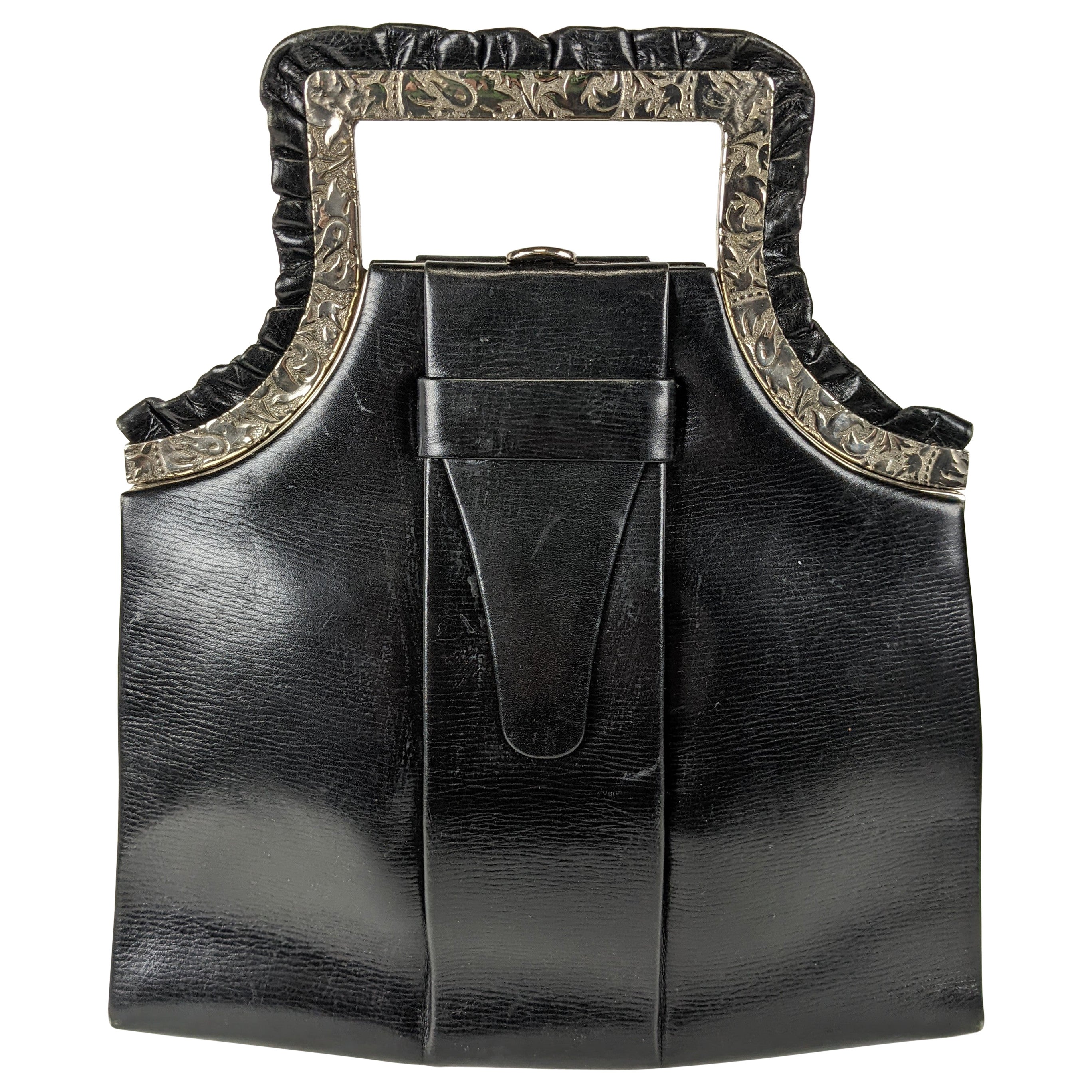 Art Deco Black Calf Top Handle Bag For Sale