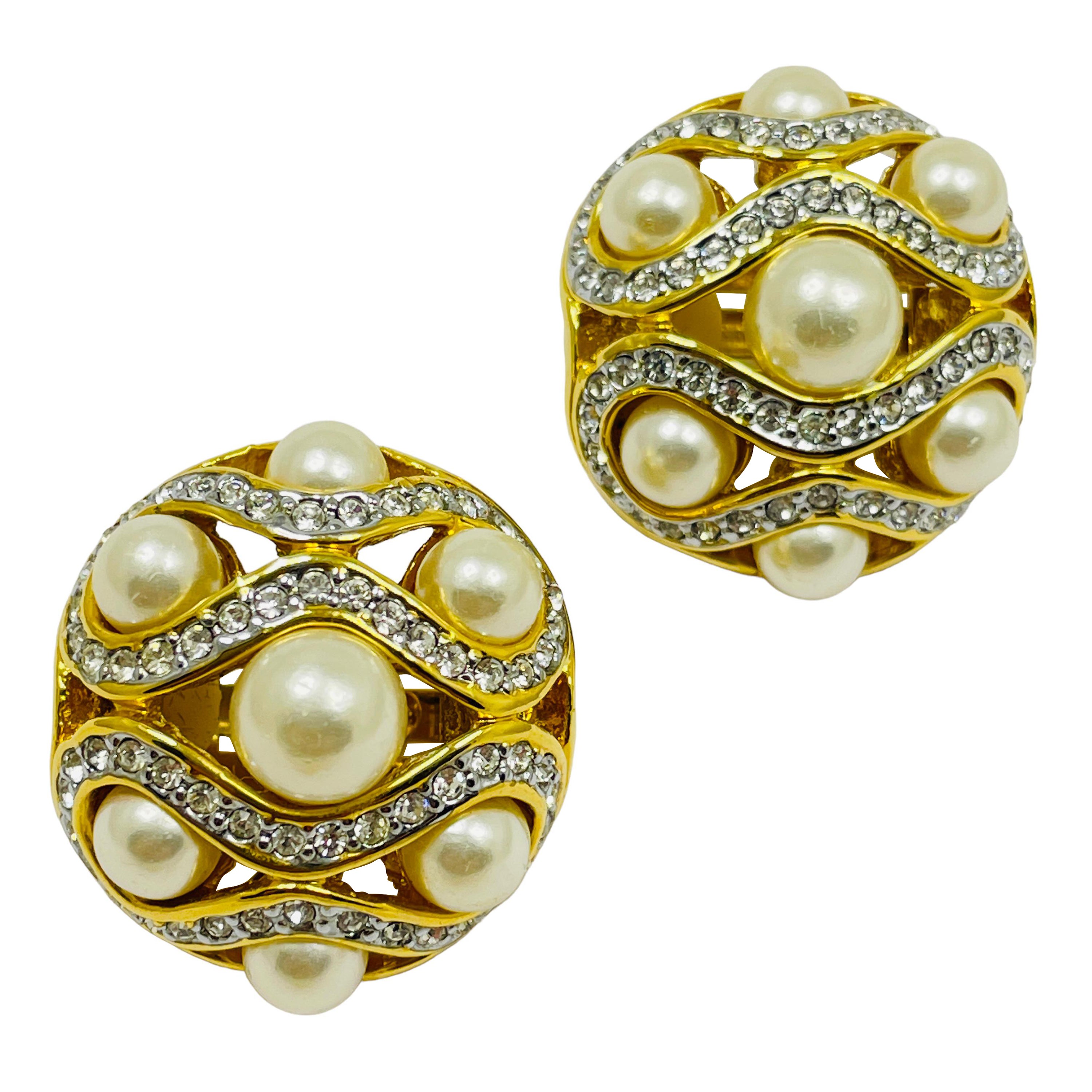 Vintage gold pearl rhinestone designer runway clip on earrings For Sale