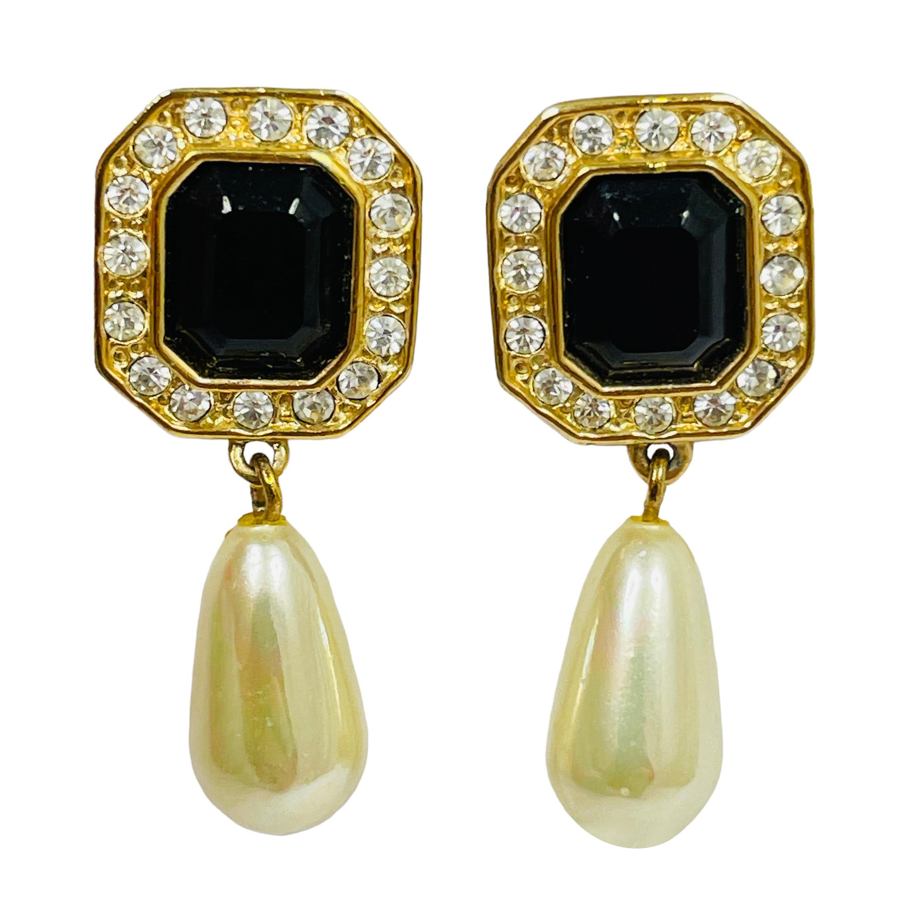 Vintage ROMAN gold rhinestones dangle pearl designer runway pierced earrings For Sale