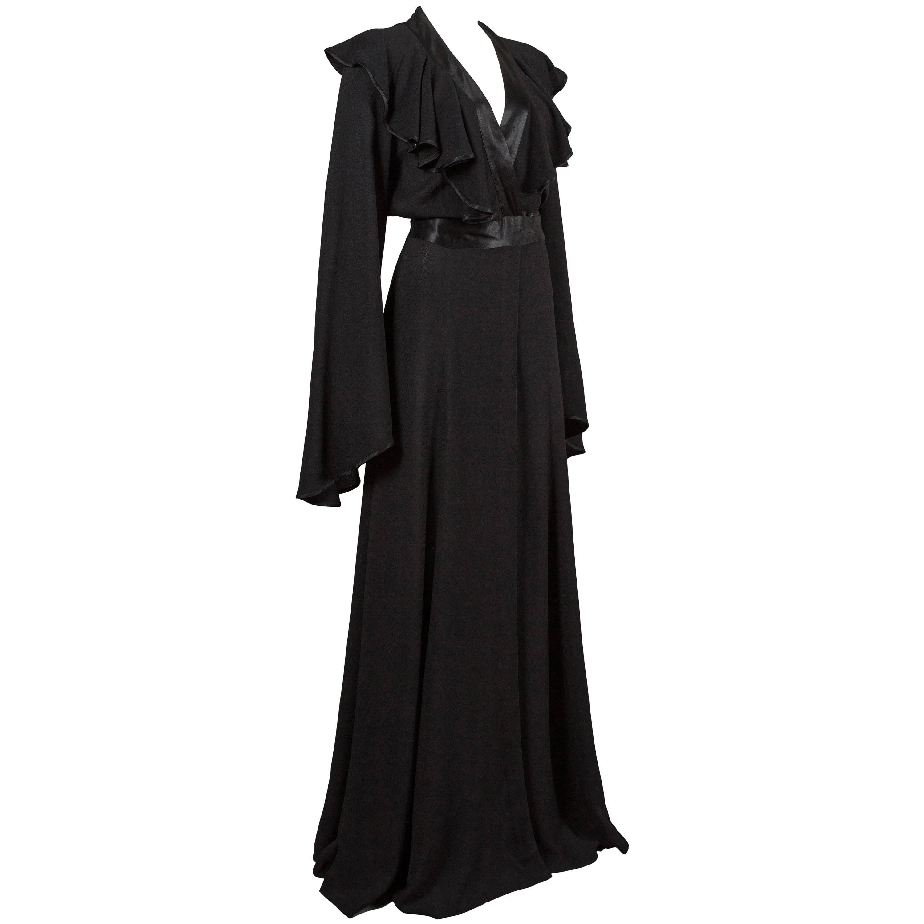 Ossie Clark couture black moss crêpe wrap around evening dress, c. 1970