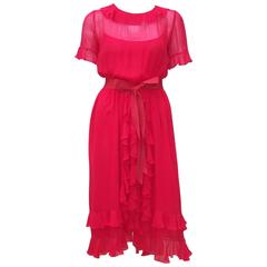 1970's Bill Blass Lipstick Red Chiffon Cocktail Dress