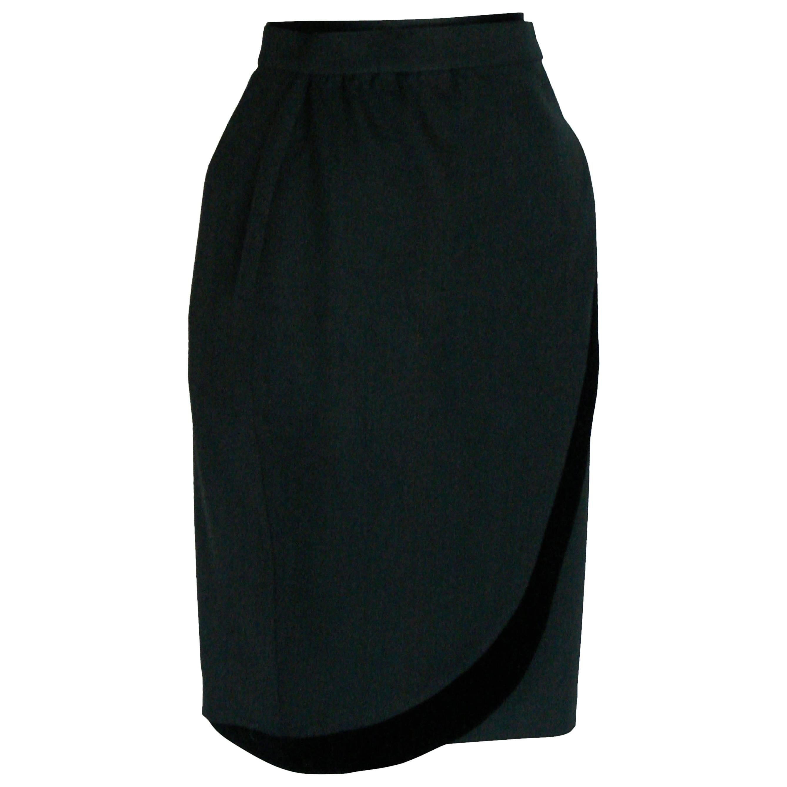 Thierry Mugler Wrap Style Pencil Skirt Black Wool with Velvet Trim 1980s Sz 36