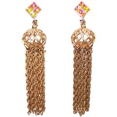 1960's Vendome Iridescent Crystal & Gold Chain Tassel Dangle Earrings