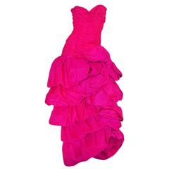 1980s Vivid & Dramatic Loris Azzaro Couture Pink Silk Gown 12
