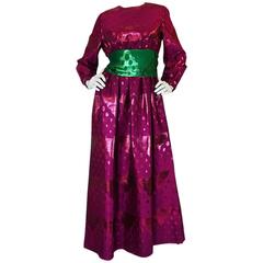 1960s Oscar de la Renta Metallic Dot Dress with Green Sash 5