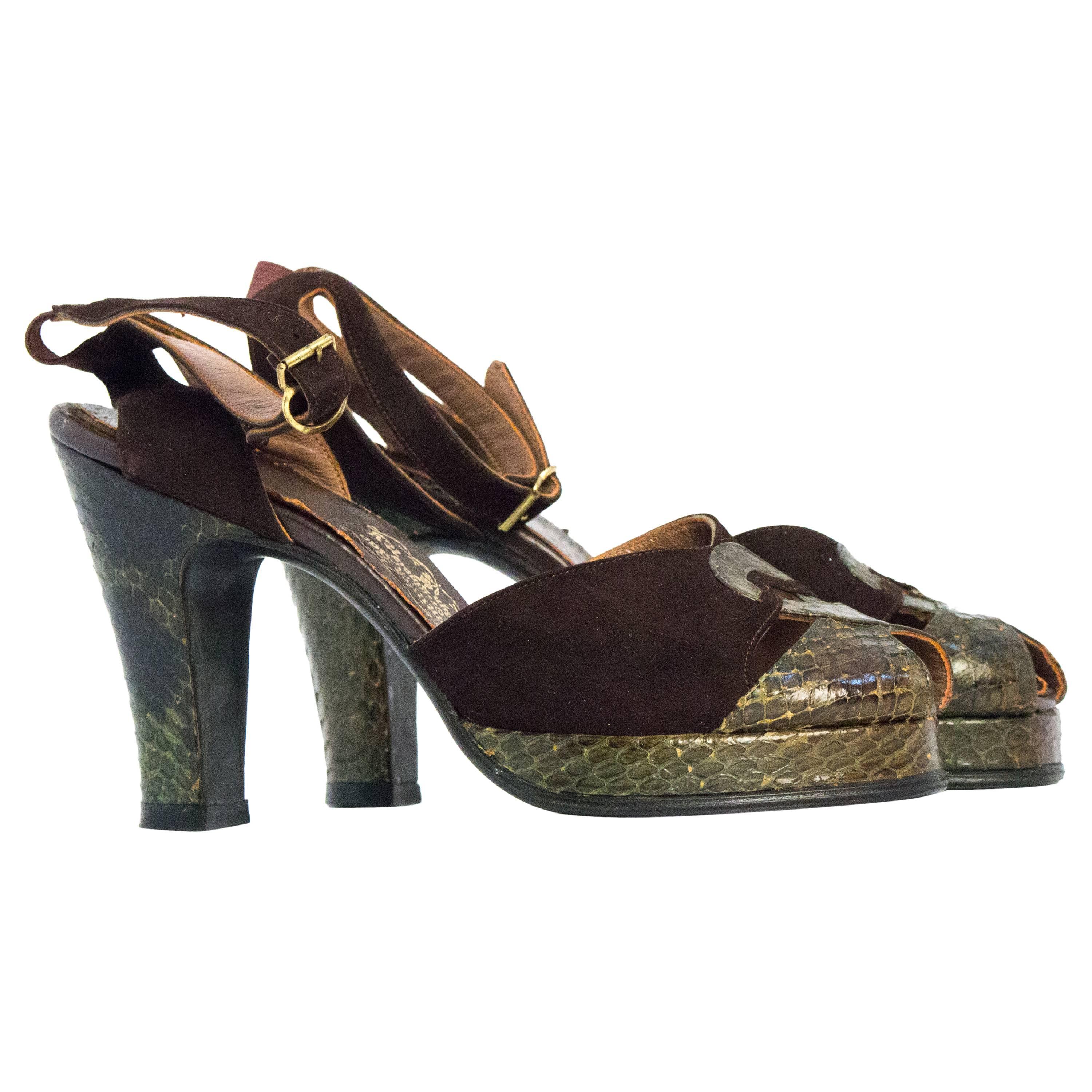 40s Green Snake Platform Heel For Sale