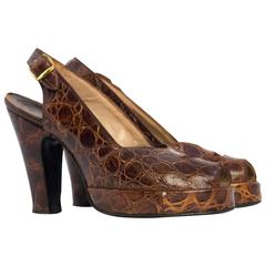 40s Brown Peep Toe Slingback Platforms size 6