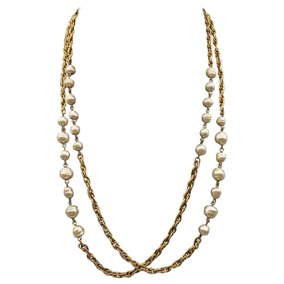 Chanel Vintage Gold Metal Chain Long Necklace with Baroque Pearls
