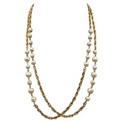 Chanel Vintage Gold Metal Chain Long Necklace with Baroque Pearls